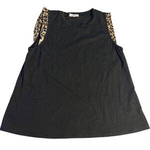 Anthropologie THML Leopard Flutter Sleeve Blouse Black Cotton Blend Women’s L